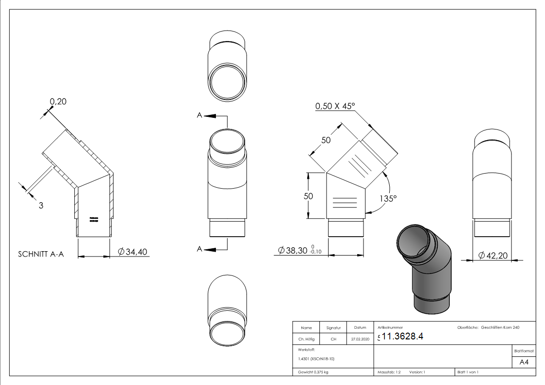 Coude d'angle 135°, pour tube rond Ø 42.4x2.0 mm V2A