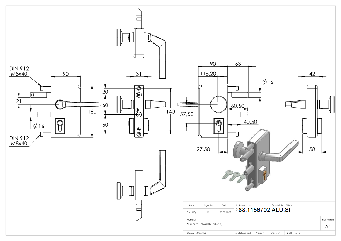 Gittertorschloss GTS 2 mit Anti-Panik-Funktion fuer Rohrstaerke 40-60mm- silber-88-1156702-ALU.SI