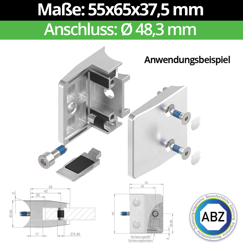 Glasklemme AbZ 55x65x37-5 mm  Ø 48-3 mm- fuer 9-52 mm VSG Glas- Sicherungsstift -Bohrung 12 mm- Ja - mit Sicherungsboden-10-MODELL35-48-9-3.2