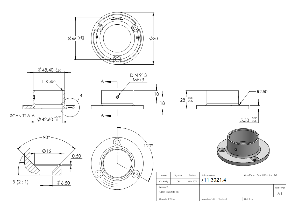 Plaque d'ancrage | dimensions : Ø 80 mm | pour tube rond : Ø 42,4 mm | V2A