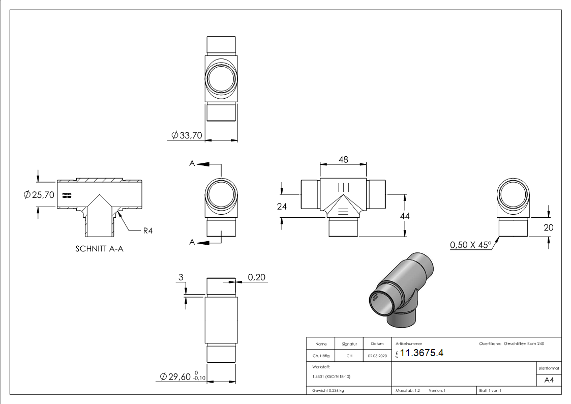Pièce en T à sorties égales pour tube rond Ø 33.7x2.0 mm V2A
