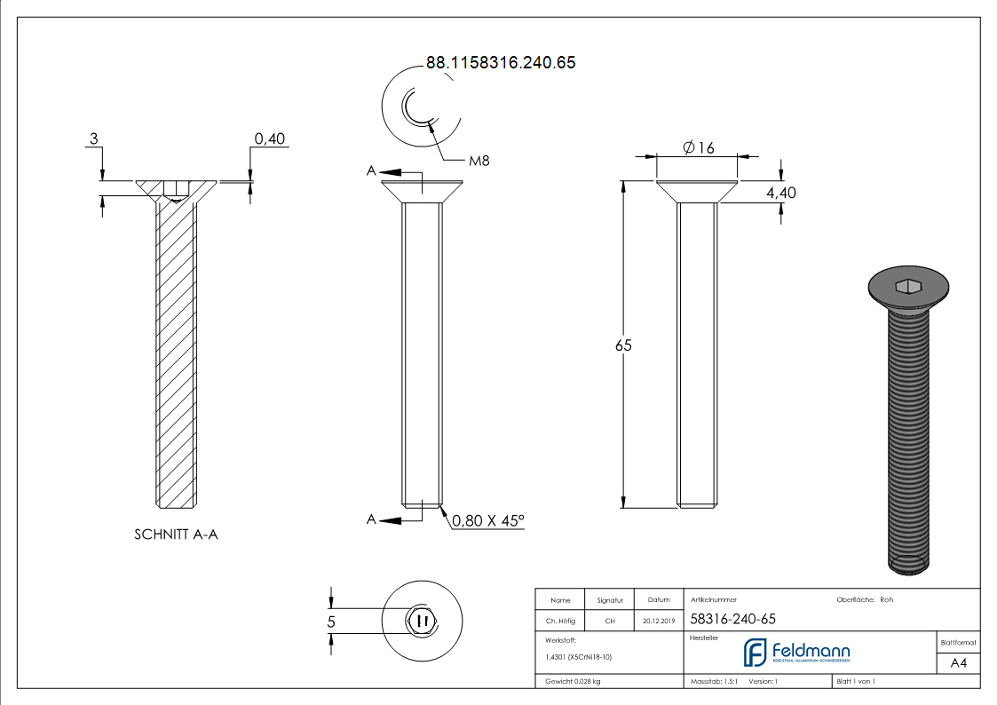 Senkkopfschraube V2A M8x65 Innensechskant Vollgewinde-88-1158316-240.65