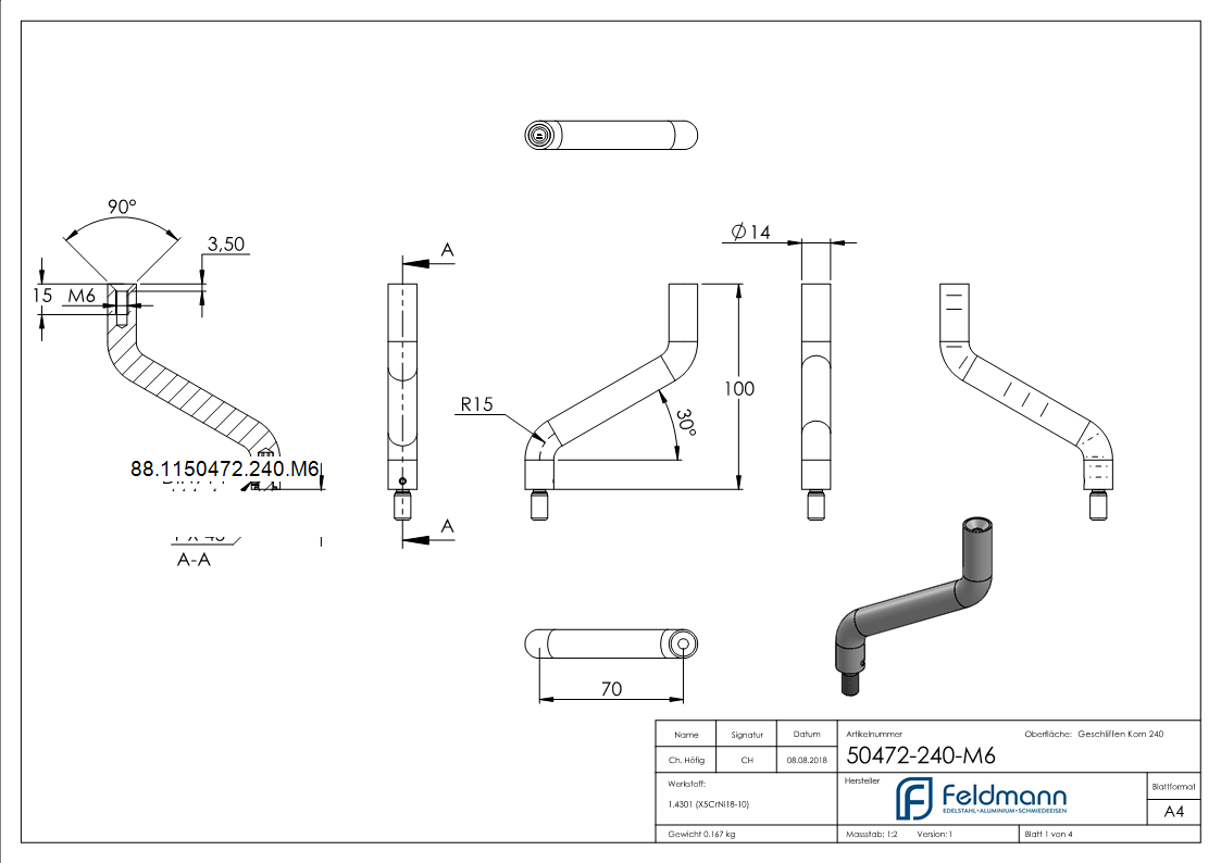Support Ø 14mm, 2x 30° coudé, V2A