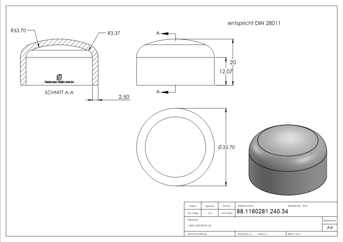 bout bombé 33,7 x 2,0mm, DIN 28011, V2A
