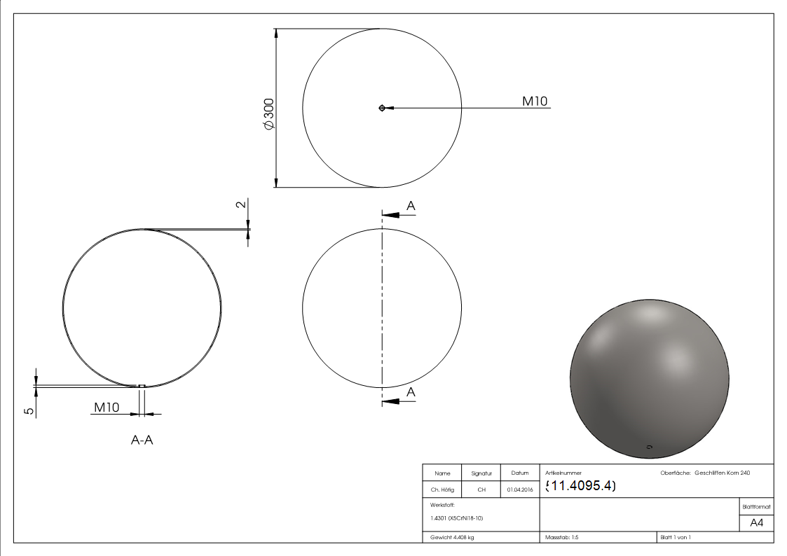 Hohlkugel Ø 300 mm mit Gewinde M10 V2A-11-4095.4