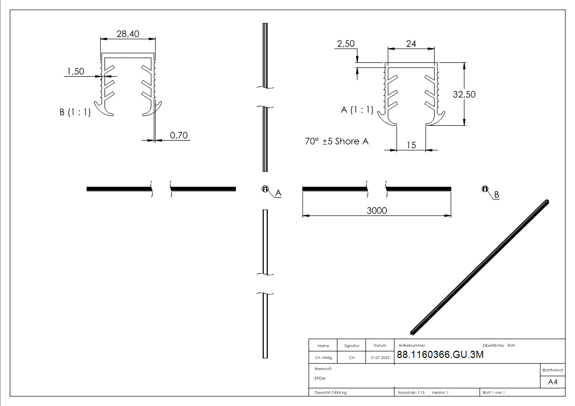 Joint à coin verre 16,76 - 17,52mm, pour rainure 27 x 30mm, longueur 3m, EPDM