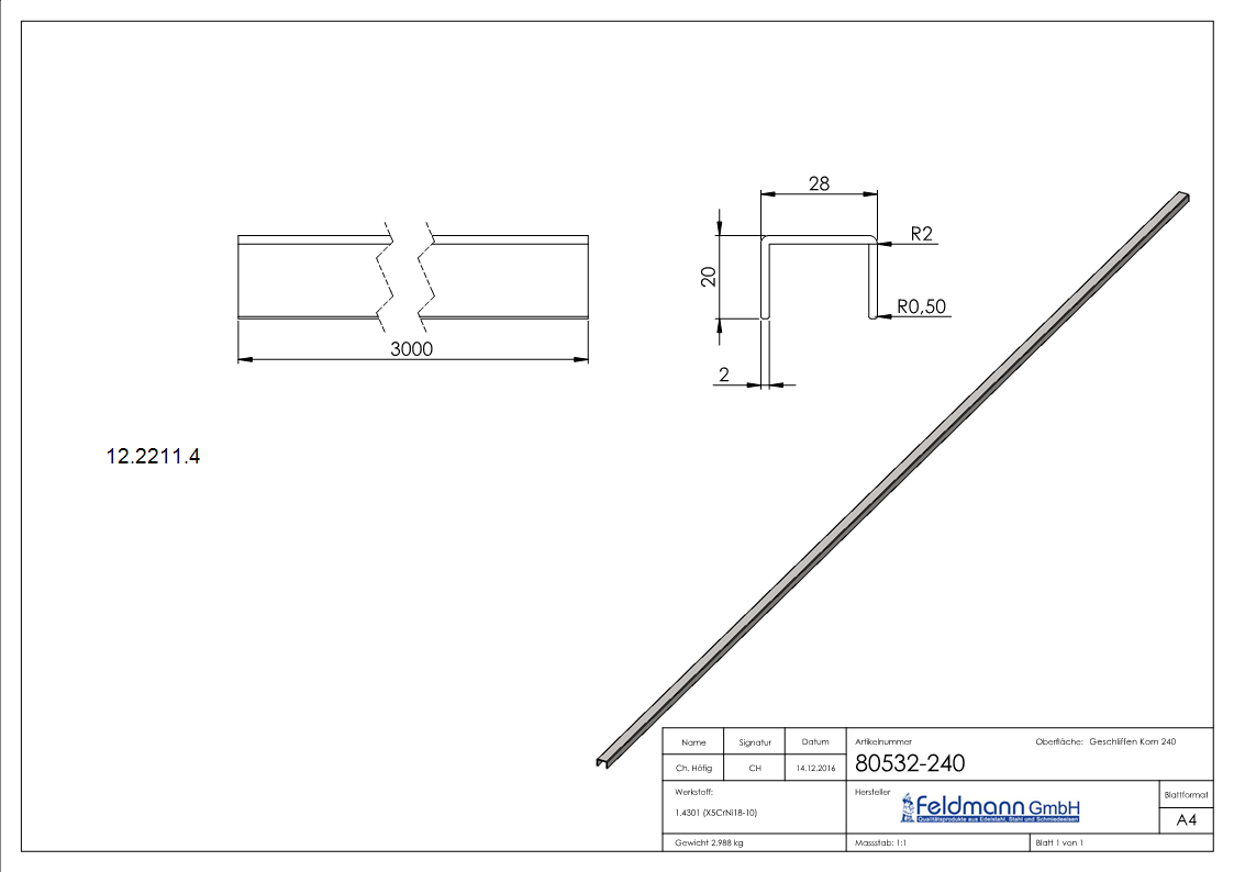 Protection des bords | Dimensions : 28x20x2 mm | Longueur : 3000 mm | V2A