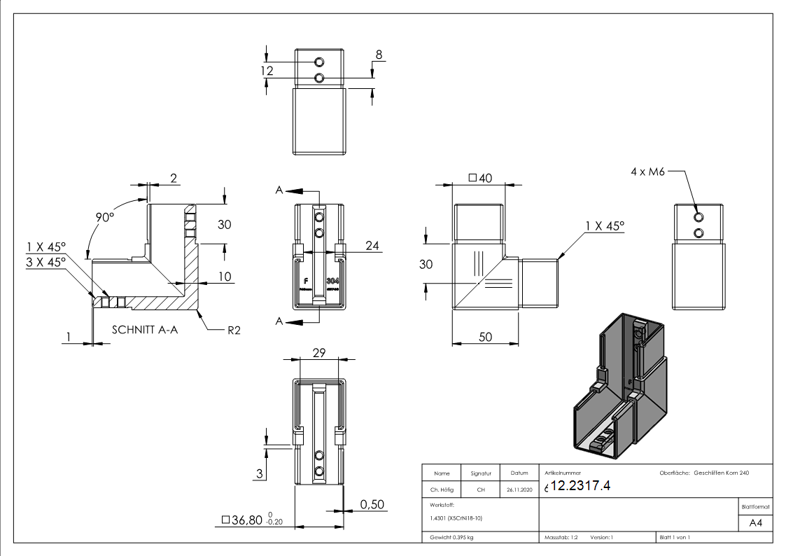 Rahmenecke 90° - vertikal - fuer Quadrat-Nutrohr- 40x40 mm - V2A-12-2317.4
