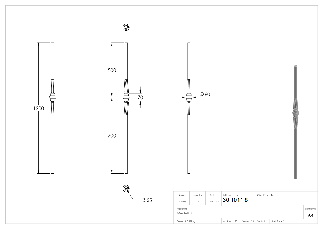 Anfangsstab - Laenge- 1100 mm - Material- Ø 25 mm - Stahl S235JR- roh-30-1011.8