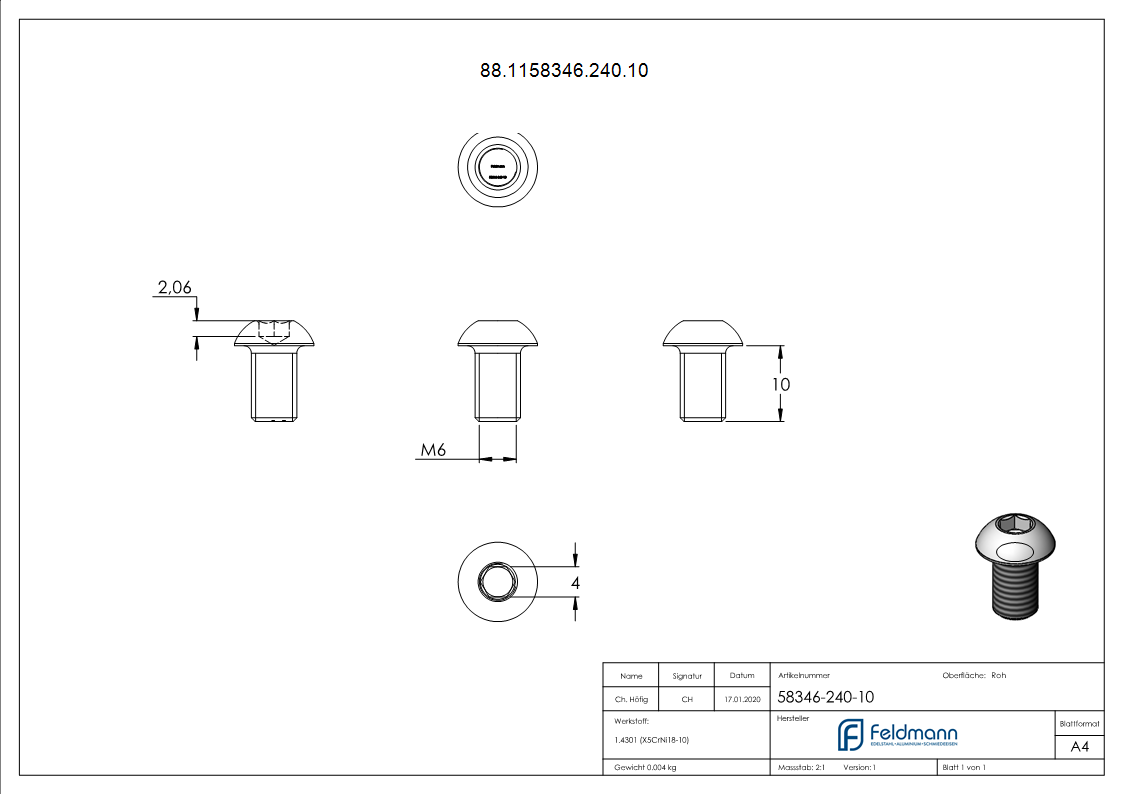 Rundkopfschraube V2A M6x10 Innensechskant DIN 7380-1-88-1158346-240.10