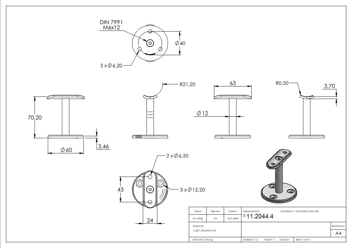 Support de main courante droit pour Ø 42,4 mm V2A