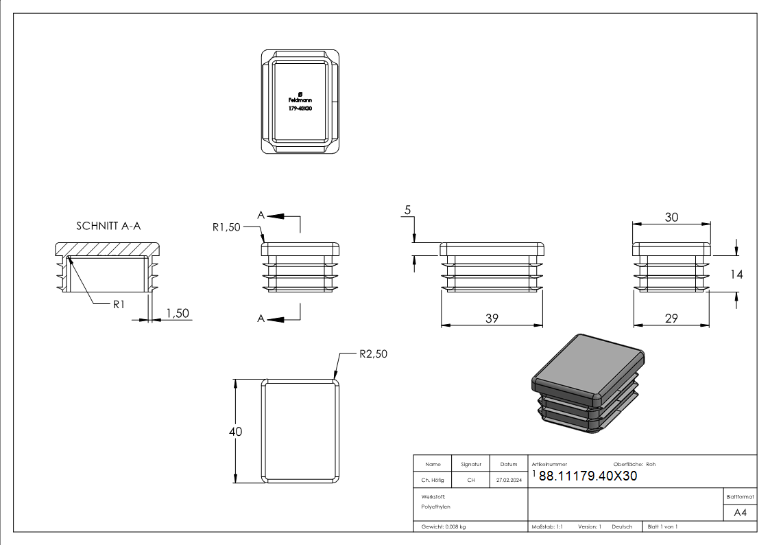 Bouchon en plastique pour tube rectangulaire 40x30mm