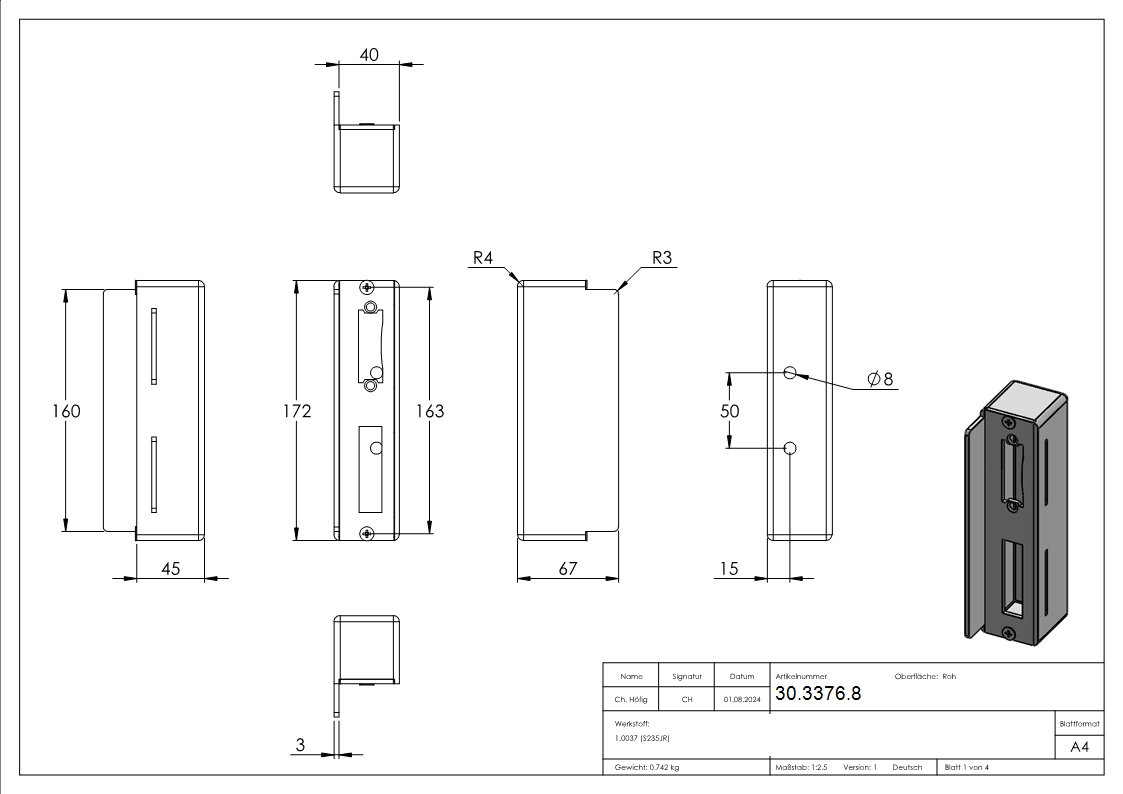 Schliesskasten Stahl S235 V2A fuer 40mm Schlosskasten anschweissbar E-Oeffner-30-3376.8