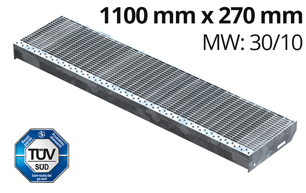 Marche en caillebotis Marche d'escalier | Dimensions : 1100x270 mm 30/10 mm | S235JR (St37-2), galvanisé à chaud en bain complet