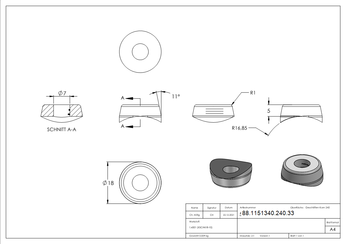 Pièce de compensation pour tube 33,7mm, Ø 18mm, avec trou 7mm, V2A