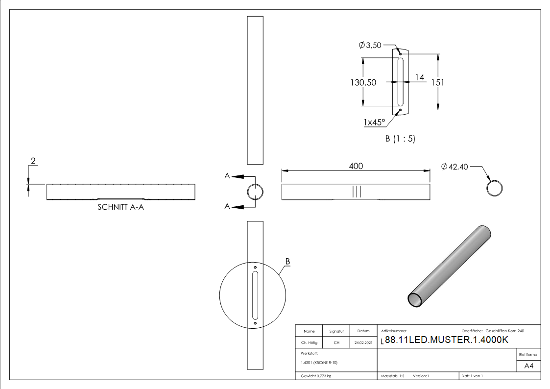 LED Musterhandlauf inkl- 1x LED 4000 K-88-11LED-MUSTER-1.4000K