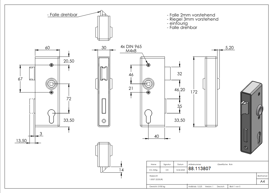 Kastenschloss Stahl 30x60x172 mm mit verzinktem Schloss-88.113807