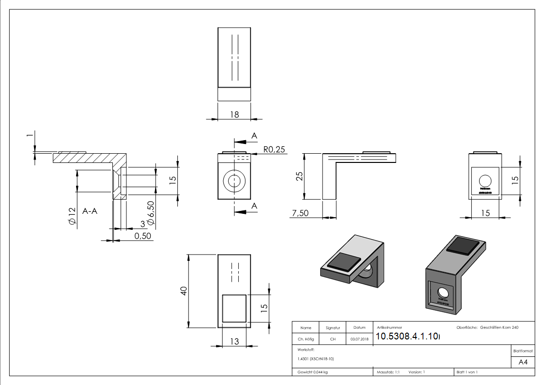 Halteboden fuer Glas Anschluss Flach - Edelstahl V2A-10-5308-4-1.10