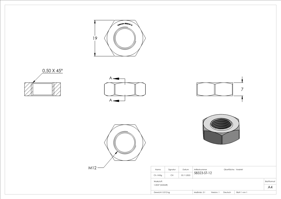 Ecrou hexagonal M12, forme plate