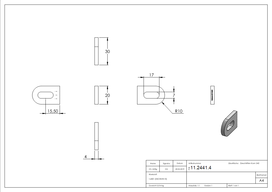 Plaque à souder | dimensions : 30x20x4 mm | avec trou oblong : Ø 17x7 mm | V2A