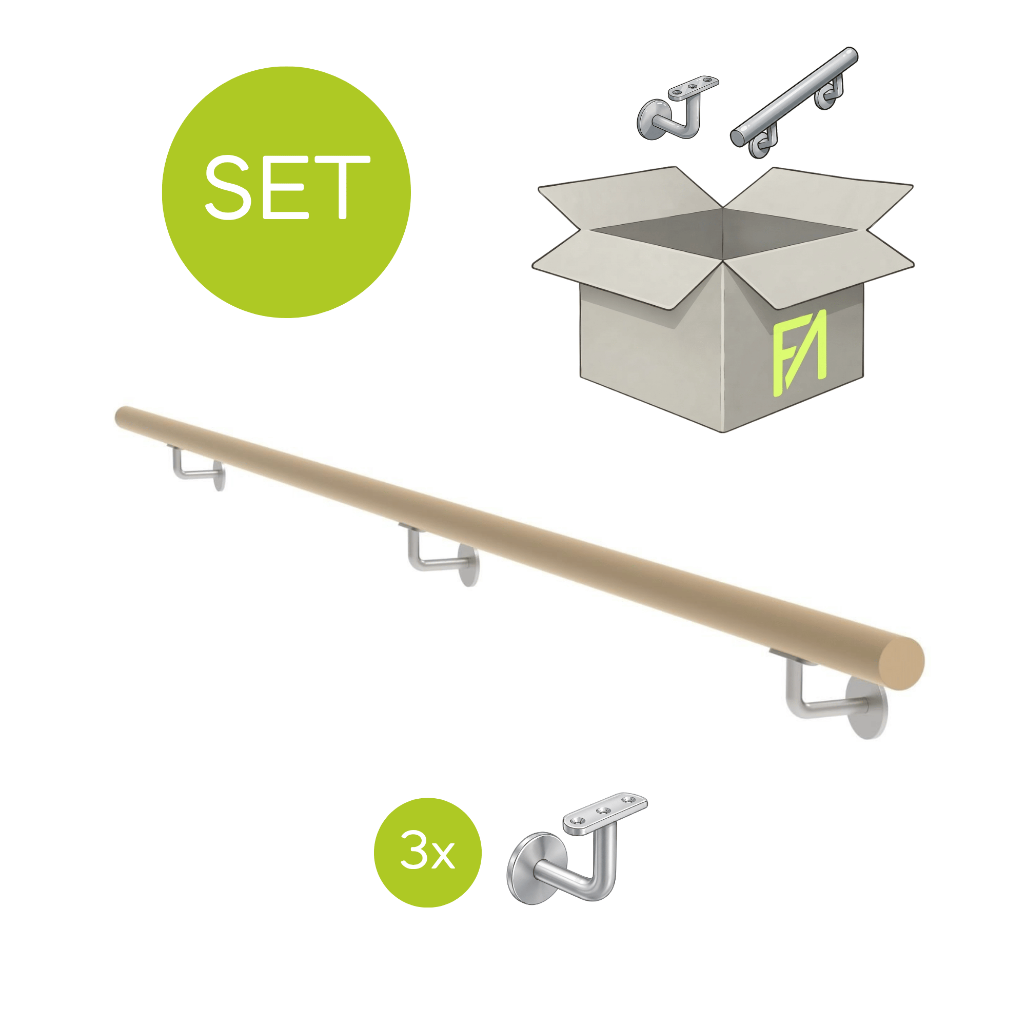 Handlauf-Set Eiche Edelstahl 2500 mm mit Haltern-89-11WDM2500-A.4