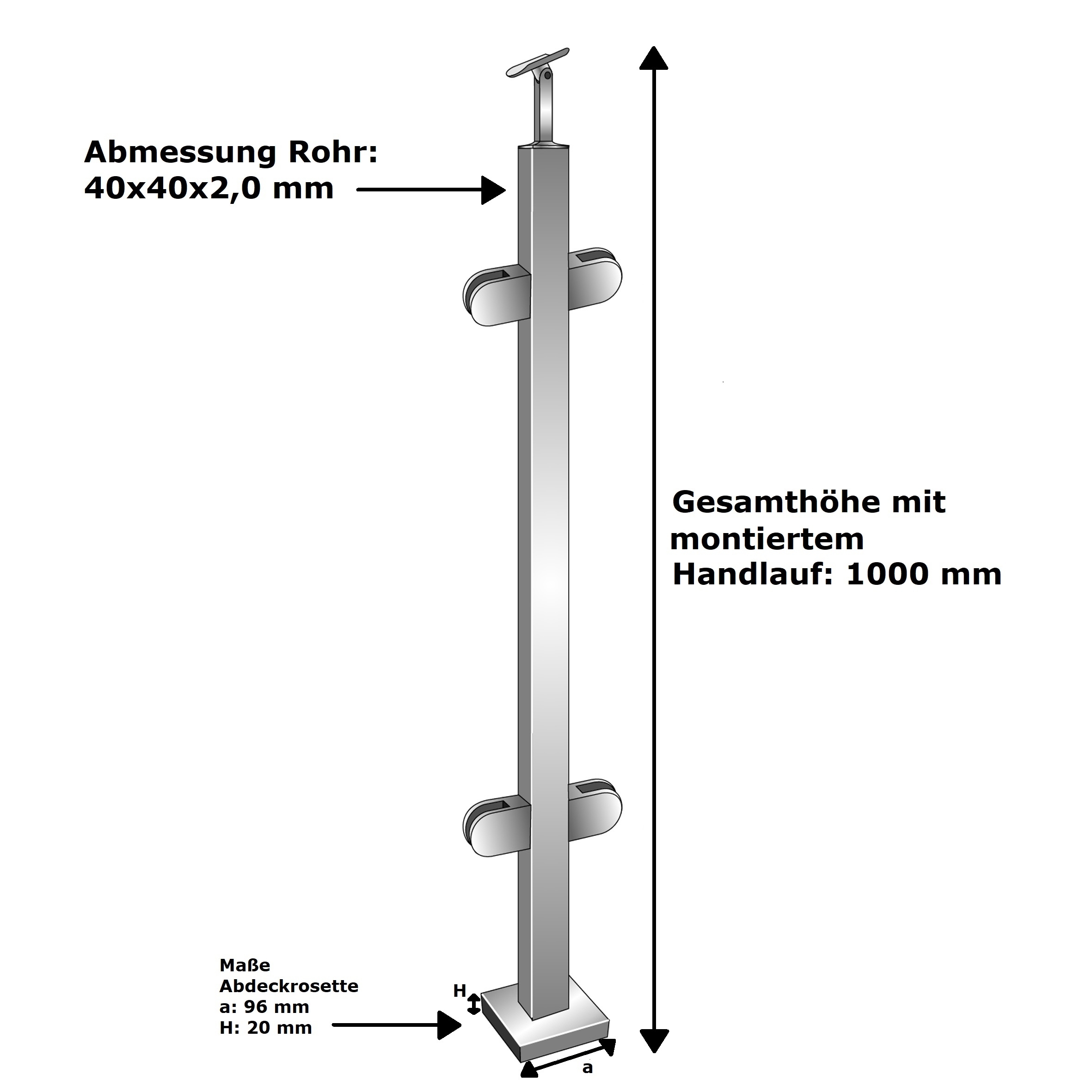 Vierkantpfosten V2A 40x40x2 mm- 1000 mm Gelaender- Innenpfosten- Glas 8-76 mm- geschliffen-14-0059EG-A.4