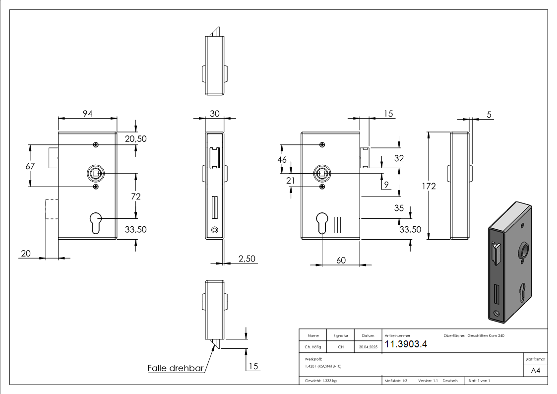 Schlosskasten 30x94-5x173 mm V2A-11-3903.4