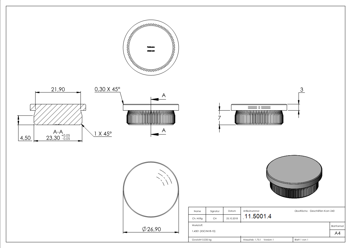 Rohrstopfen fuer Ø 26-9x2-0 mm flach -zum Einschlagen V2A-11-5001.4