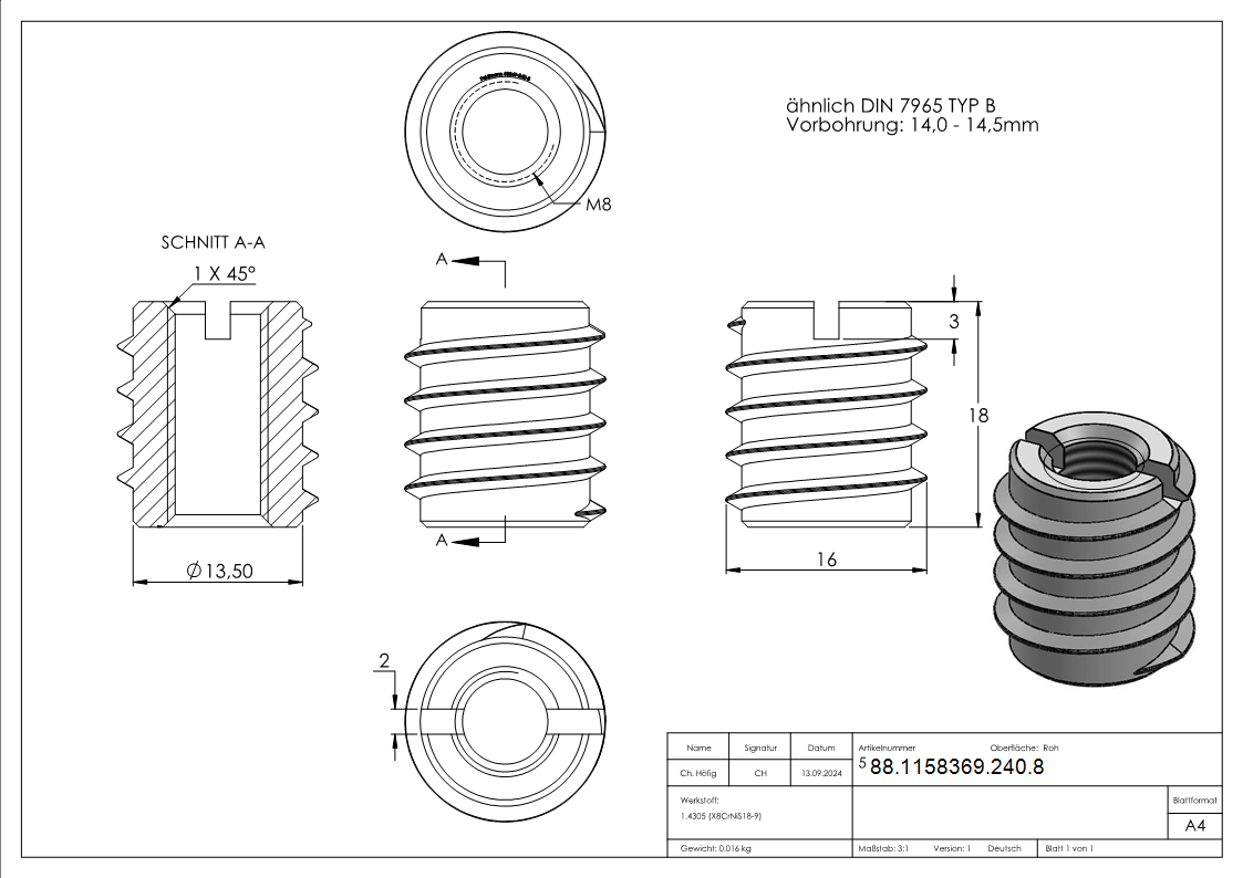 Rampa-Muffe Edelstahl V2A M8x18 mm Typ B fuer Vorbohrung 14-0-14-5 mm-88-1158369-240.8