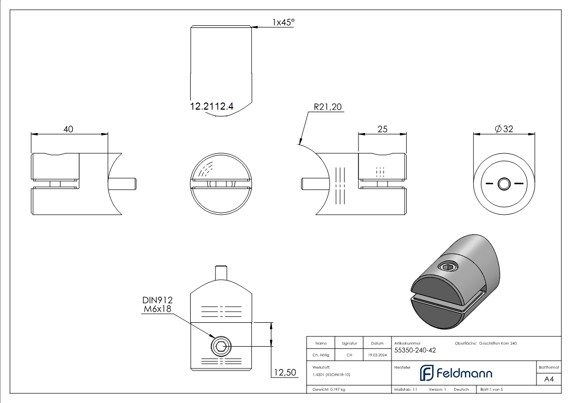 Support de tôle Ø 32 mm | raccord Ø 42,4 mm | V2A