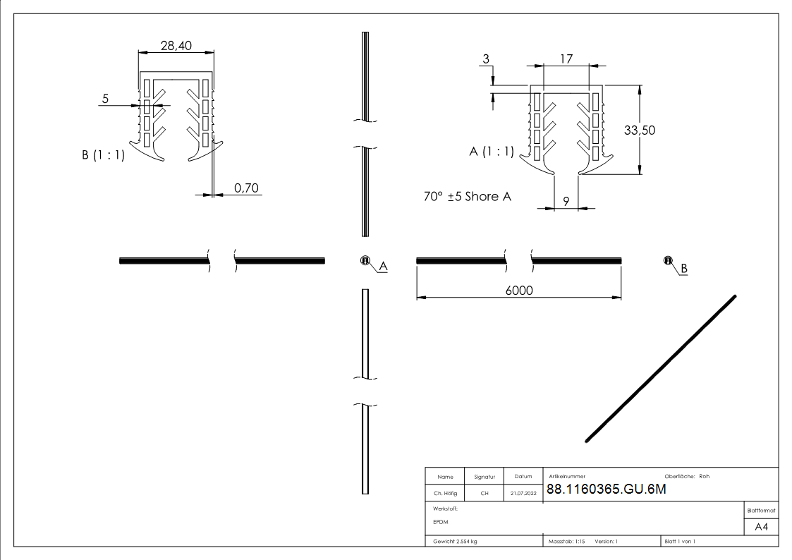 Joint à coin verre 10,00 - 13,52mm, pour rainure 27 x 30mm, longueur 6m, EPDM