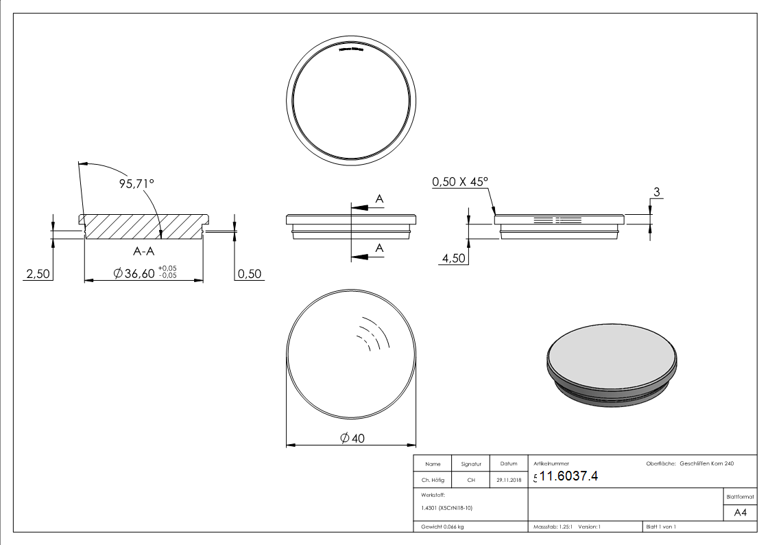 Bouchon plat V2A matériau plein pour Ø 40,0x2,0 mm - version mince conique