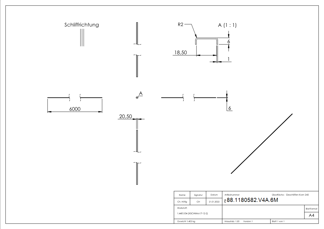 Kantenschutz EXTRA SLIM- fuer Glas 16-00 - 17-52mm- L=6m- Edelstahl V4A-88-1180582-V4A.6M