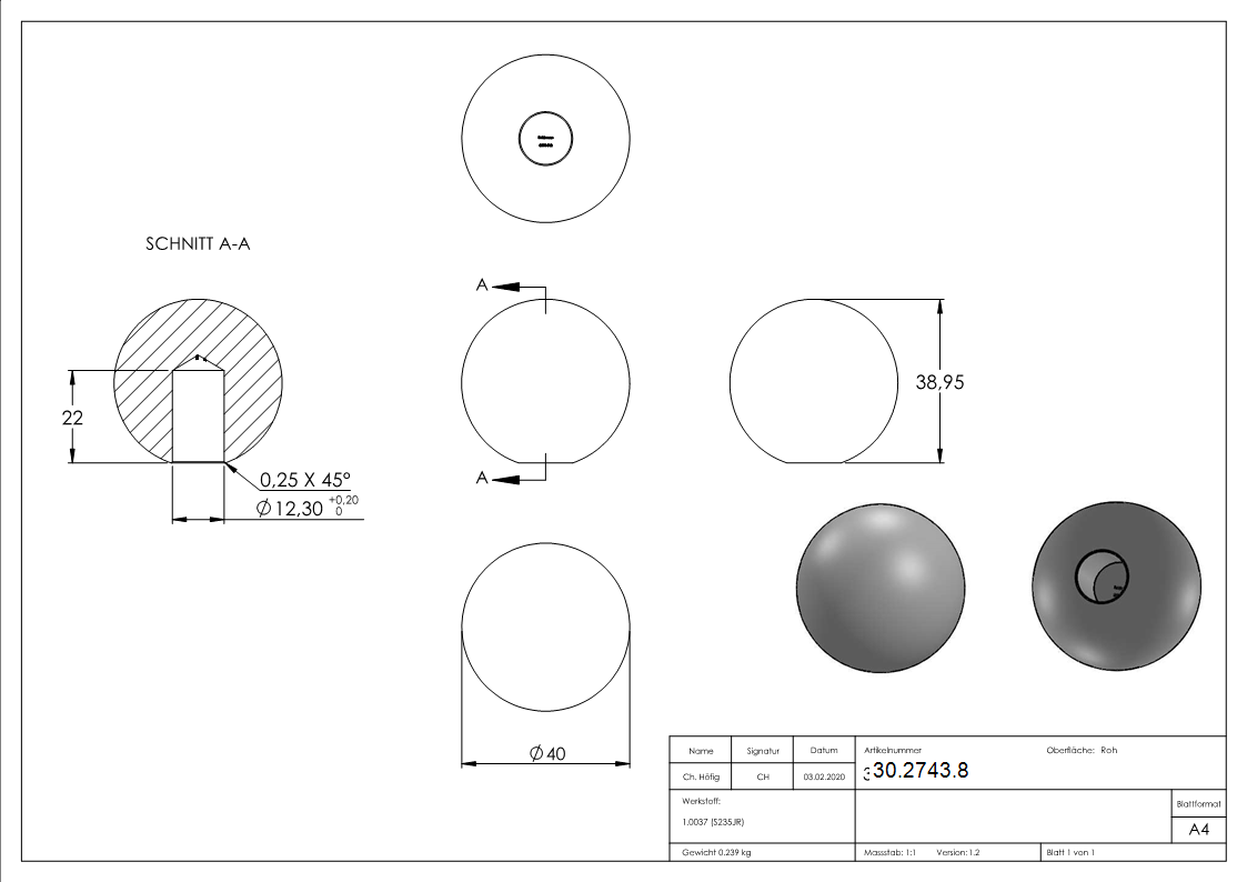 Kugel Ø 40 mm - mit Sackloch 12-3 mm - Stahl S235JR- roh-30-2743.8