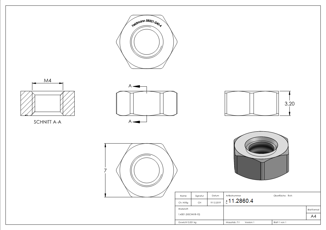 Ecrou hexagonal | Filet à droite | Filet M4 | DIN 934, A2 | V2A