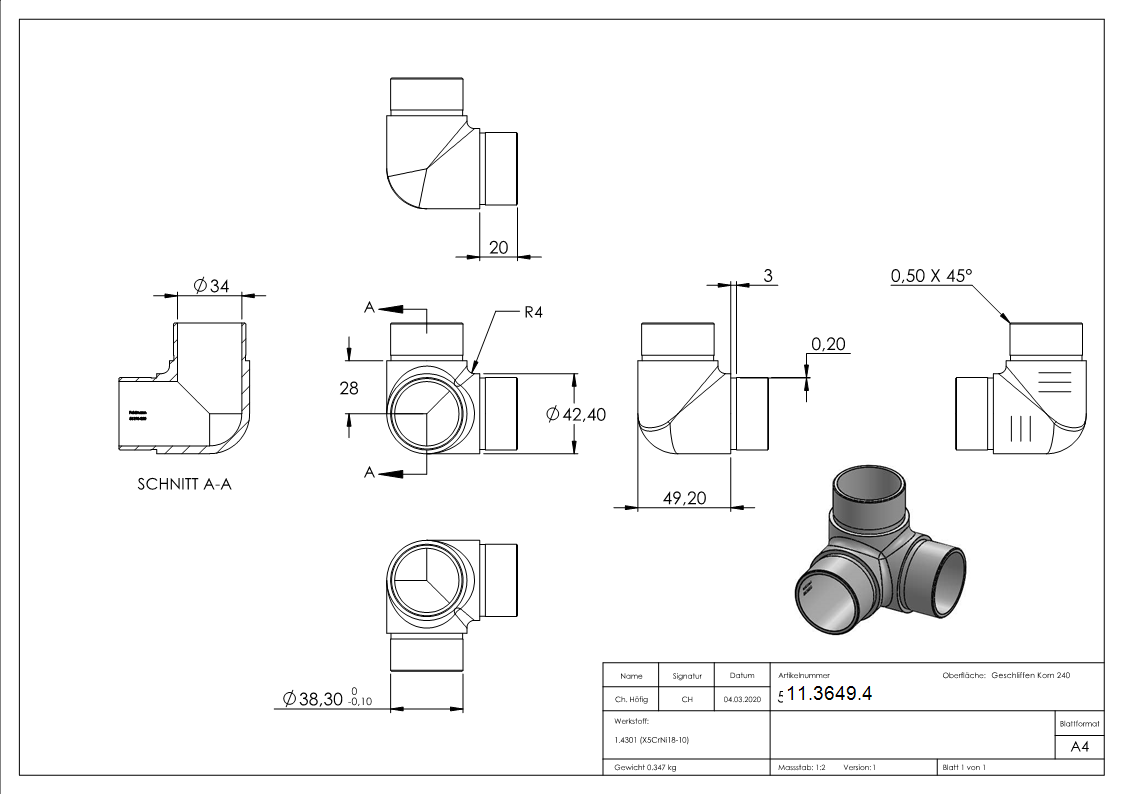 Angle / sortie 90° pour tube rond Ø 42.4x2.0 mm V2A