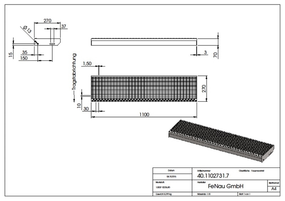 Marche en caillebotis Marche d'escalier | Dimensions : 1100x270 mm 30/10 mm | S235JR (St37-2), galvanisé à chaud en bain complet