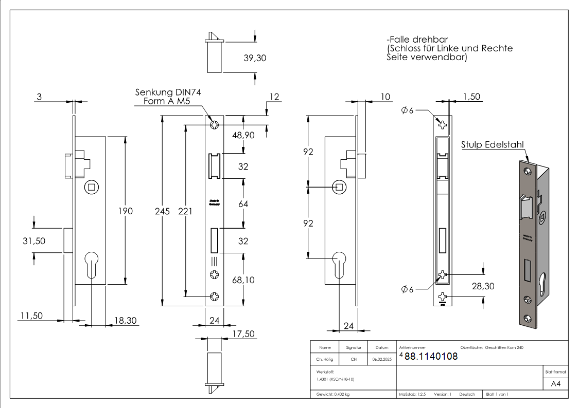 Rohrrahmenschloss verzinkt- Abstand 92 mm verzinkt- Dornmass 24mm-88.1140108