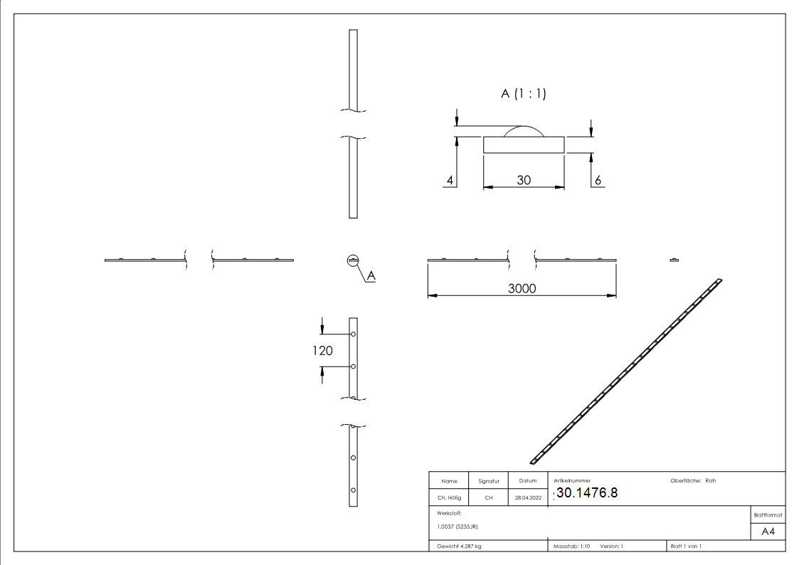 Zier-Flacheisen 30x6 mm Nietenoptik 3000mm Stahl S235JR roh-30-1476.8