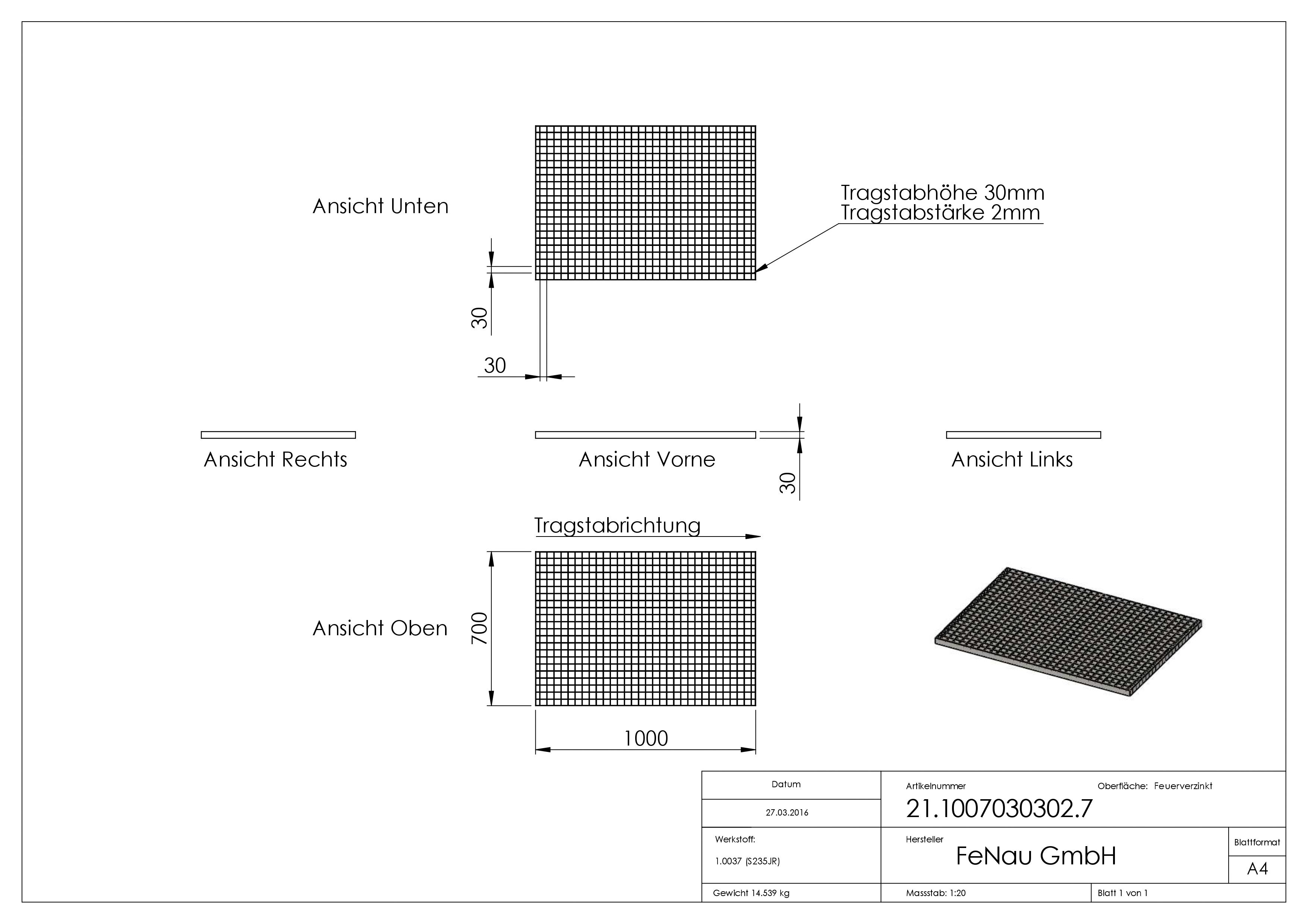 Industrie-Gitterrost - Masse- 1000x700x30 mm; MW 30-30 mm; 30-2 mm - S235JR -St37-2- im Vollbad feuerverzinkt-21-1007030302.7