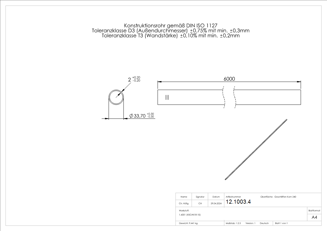 Tube rond Ø 33,7x2,0 mm V2A á 6 m
