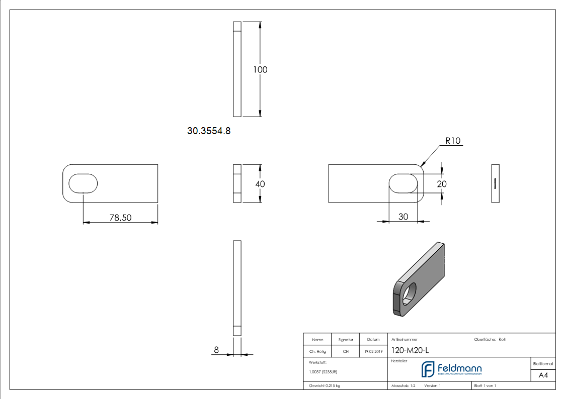 Anschweisslasche - Masse- 100x40x8 mm - Langloch- 30x20 mm - Stahl -roh- S235JR-30-3554.8