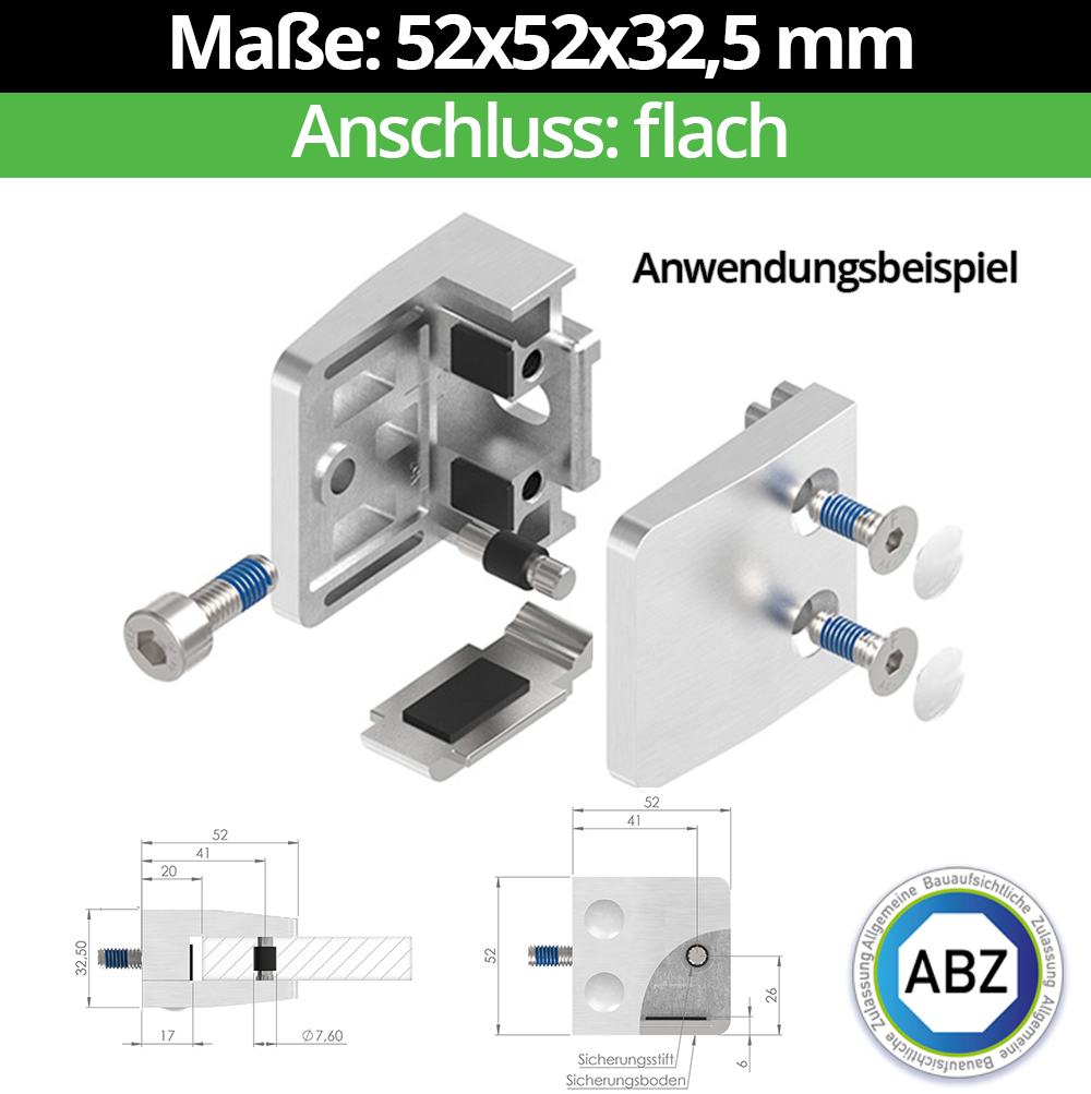 Glasklemme AbZ 52x52x32-5 mm  fuer Anschluss  Flach - Ø 42-4 mm - Ø 48-3 mm - 60-3 mm-10-MODELL34-1-2-3.2