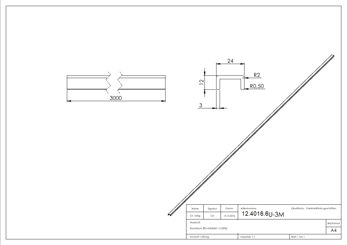 Kantenschutz - Masse- 24x12x3 mm - Laenge- 3000 mm - Aluminium elox- E4-EV1-12-4016.6