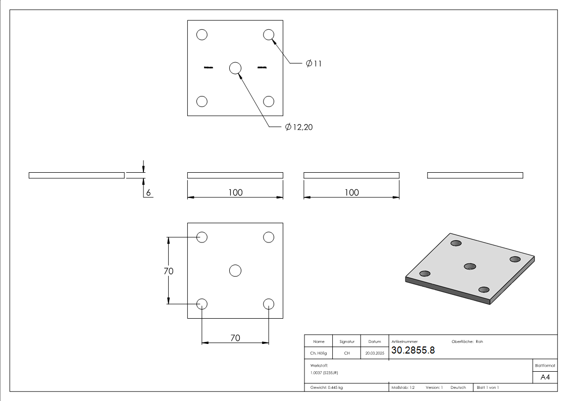 Ankerplatte 100x100x6 mm 5 Bohrungen -  Stahl roh-30-2855.8