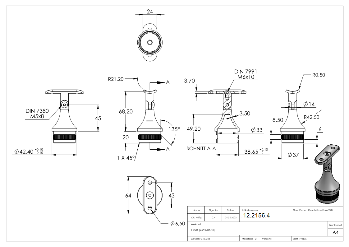 Stuetze mit Gelenk und Halteplatte fuer Rundrohr Ø 42-4 mm V2A-12-2156.4