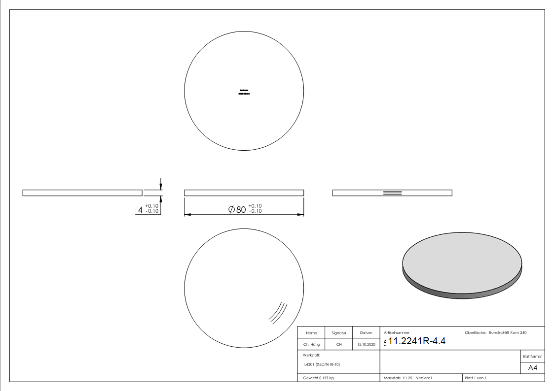 Ebauche circulaire | Dimensions : Ø 80x4 mm | avec meulage circulaire | V2A