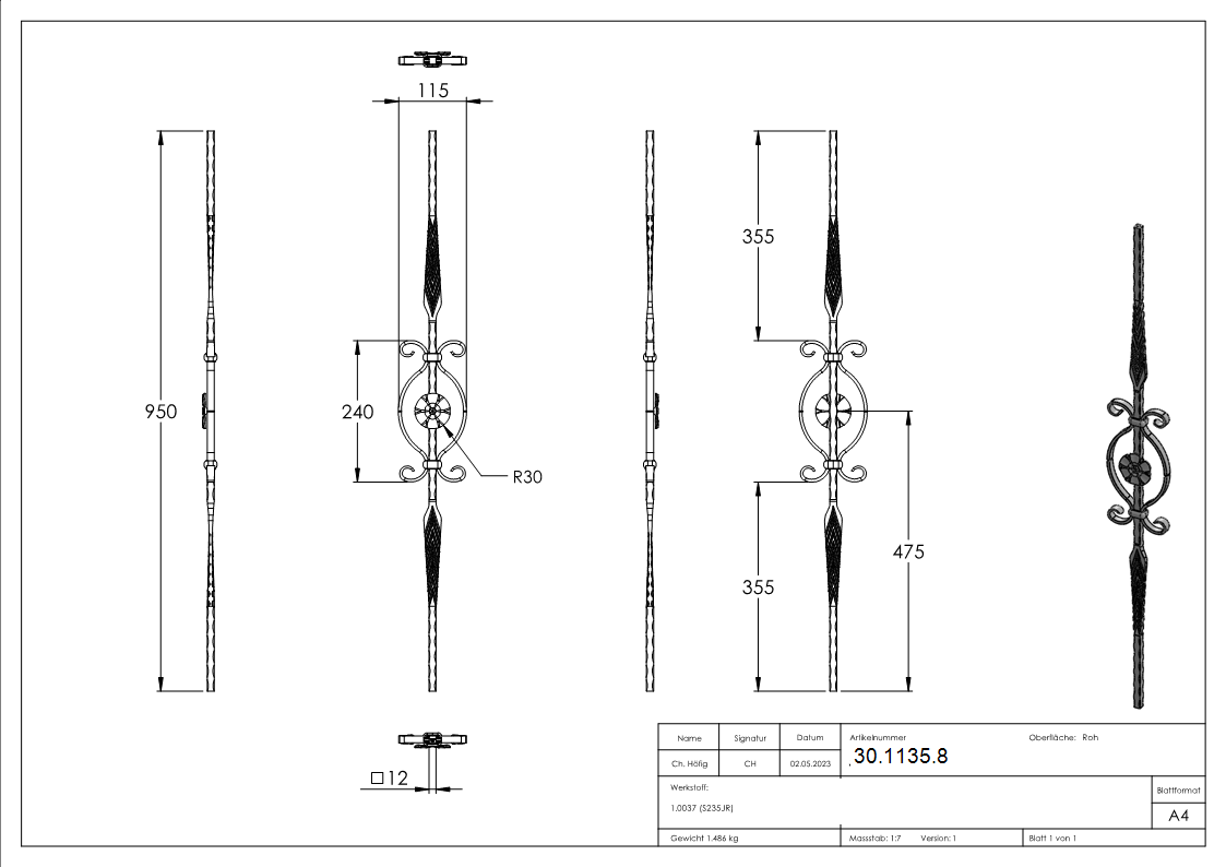 Zierstab - Laenge- 900 mm - Material- 12x12 mm geschmiedet - Stahl S235JR- roh-30-1135.8