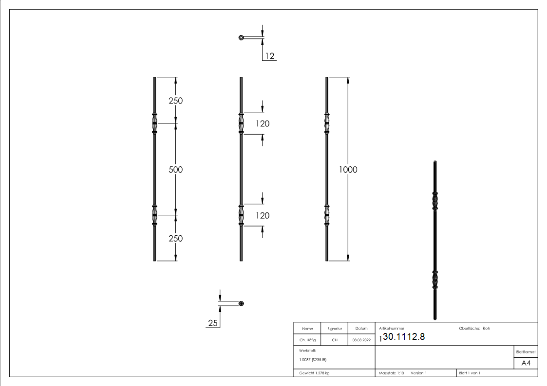 Zwischenstab - Laenge- 900 mm - Material- 14 mm - rund- gehaemmert - Stahl S235JR- roh-30-1112.8