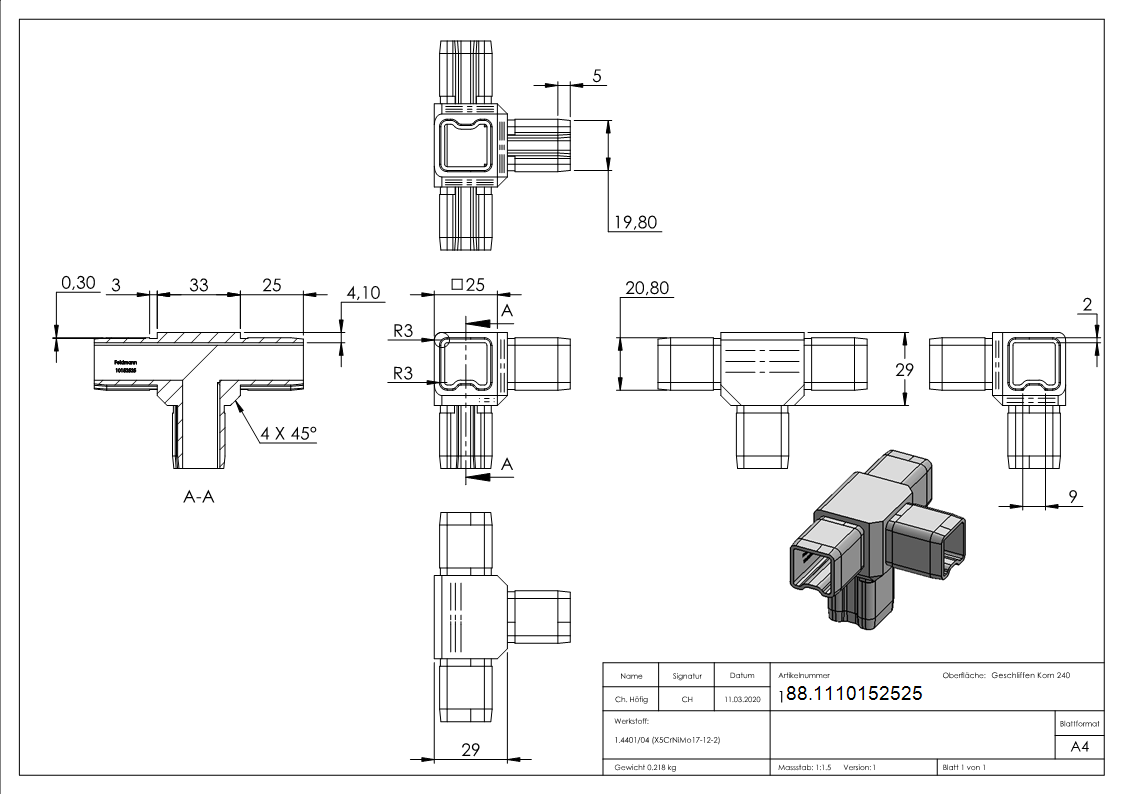 Connecteur pour tube 25x25x2mm, V4A